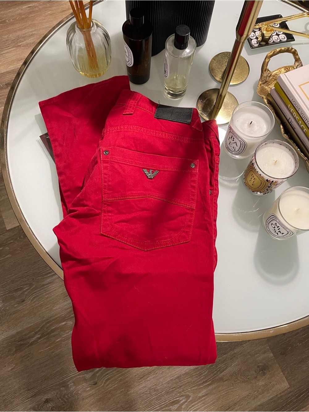 Armani Jeans Red Denim Pants with Branded Waistband